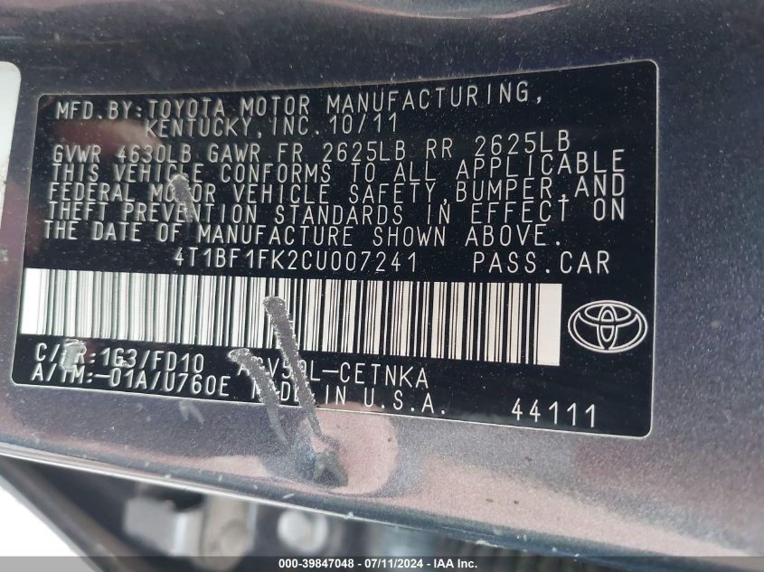 4T1BF1FK2CU007241 | 2012 TOYOTA CAMRY