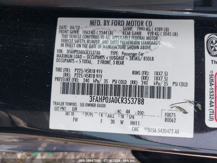 2012 Ford Fusion Sel VIN: 3FAHP0JA0CR353788 Lot: 39847050