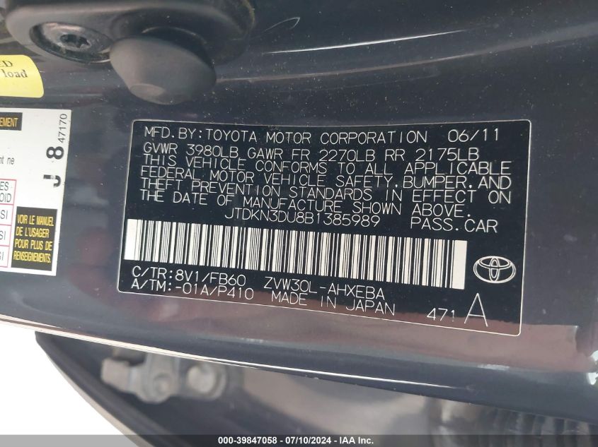 2011 Toyota Prius Two VIN: JTDKN3DU8B1385989 Lot: 39847058