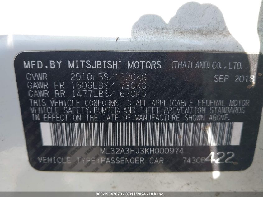 2019 Mitsubishi Mirage Es VIN: ML32A3HJ3KH000974 Lot: 39847070