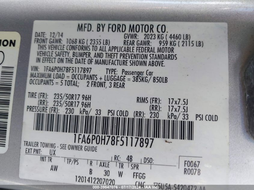 2015 Ford Fusion Se VIN: 1FA6P0H78F5117897 Lot: 39847076