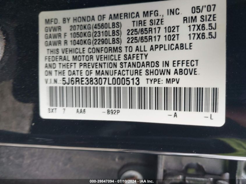 2007 Honda Cr-V Lx VIN: 5J6RE38307L000513 Lot: 39847094