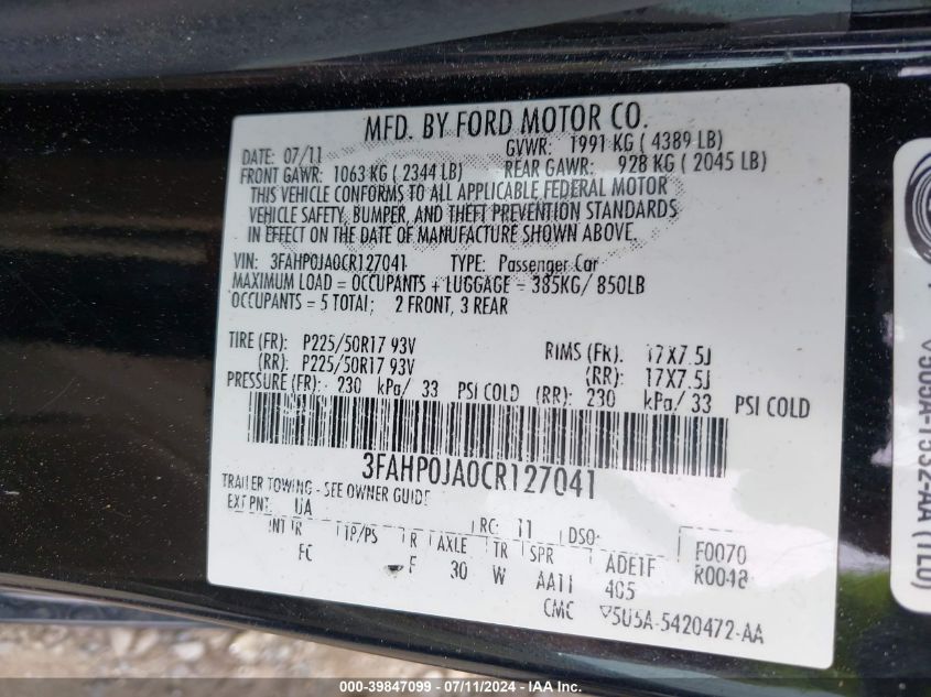 2012 Ford Fusion Sel VIN: 3FAHP0JA0CR127041 Lot: 39847099