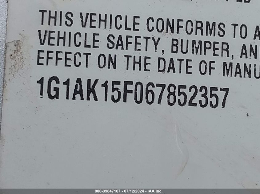 2006 Chevrolet Cobalt Ls VIN: 1G1AK15F067852357 Lot: 39847107