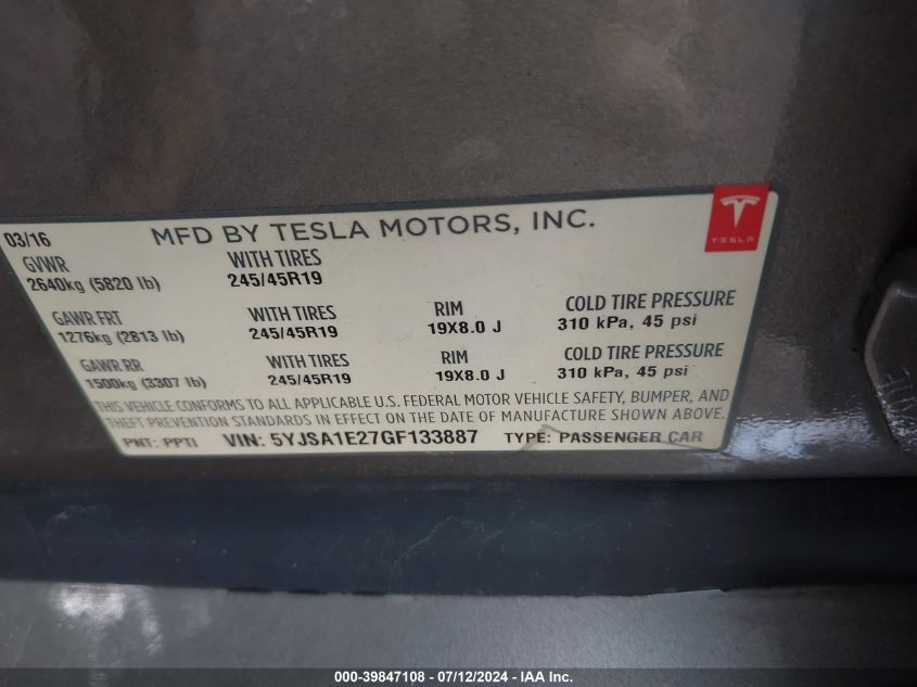 2016 Tesla Model S VIN: 5YJSA1E27GF133887 Lot: 39847108