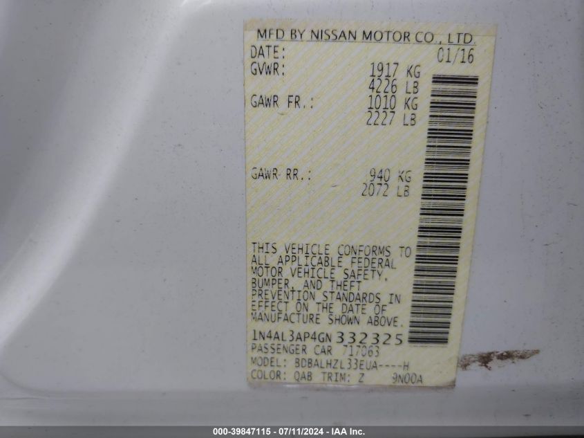 1N4AL3AP4GN332325 2016 Nissan Altima 2.5 Sr