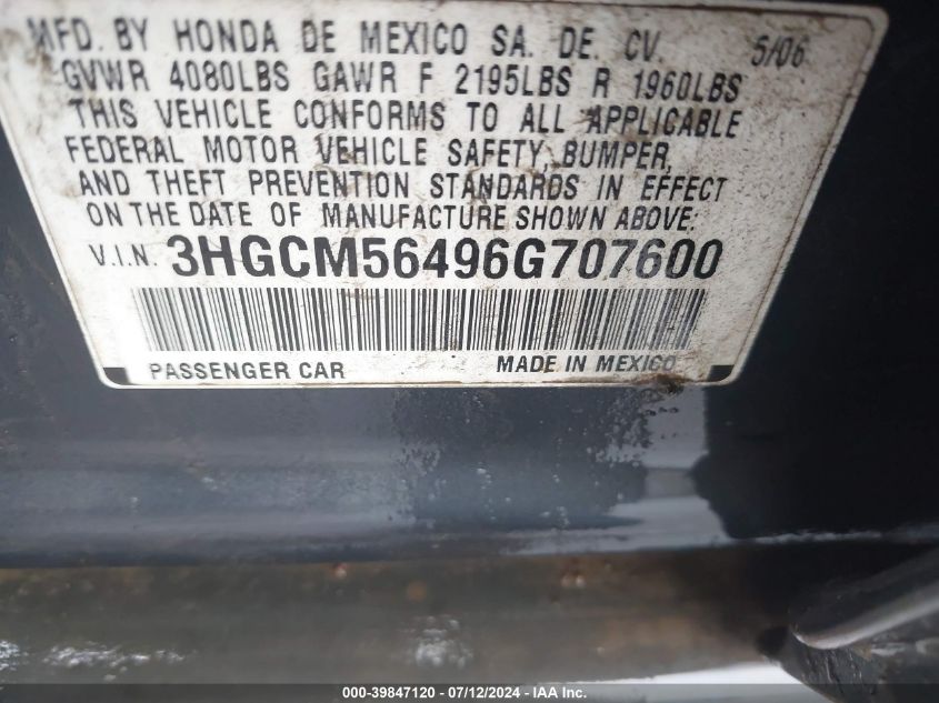 2006 Honda Accord 2.4 Lx VIN: 3HGCM56496G707600 Lot: 39847120