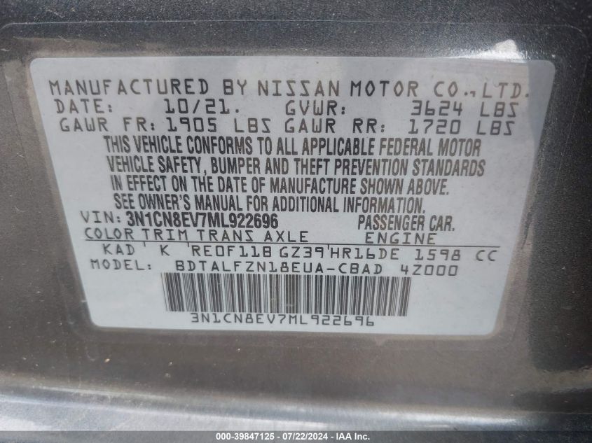 2021 Nissan Versa Sv Xtronic Cvt VIN: 3N1CN8EV7ML922696 Lot: 39847125