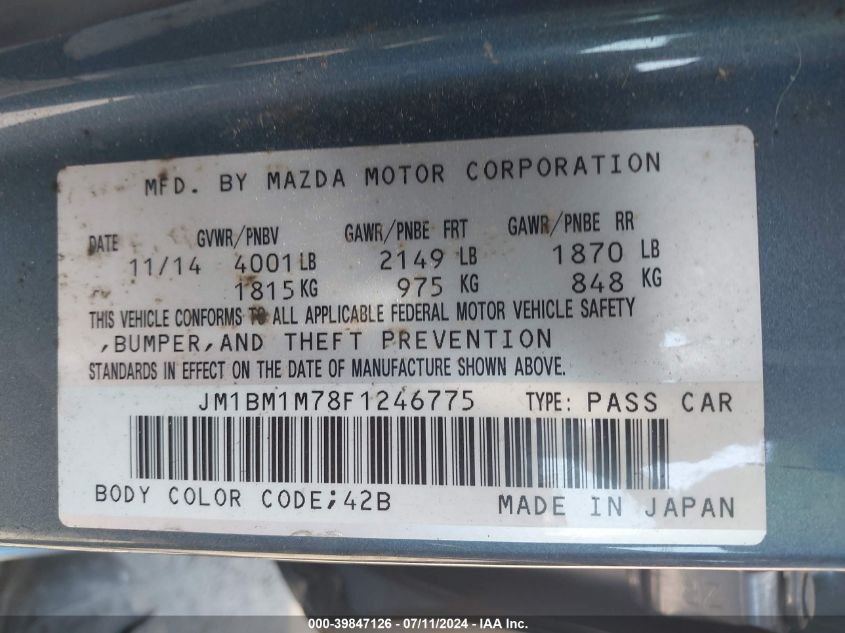 2015 Mazda Mazda3 I Grand Touring VIN: JM1BM1M78F1246775 Lot: 39847126