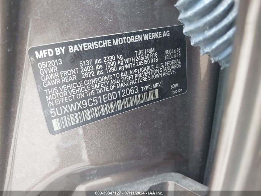 2014 BMW X3 xDrive28I VIN: 5UXWX9C51E0D12063 Lot: 39847127