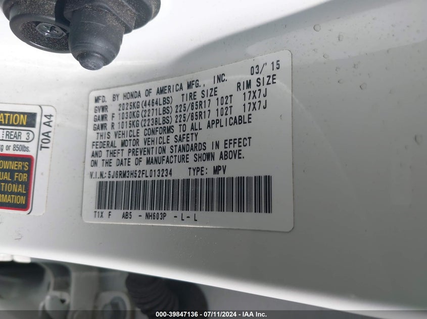 2015 Honda Cr-V Ex VIN: 5J6RM3H52FL013234 Lot: 39847136