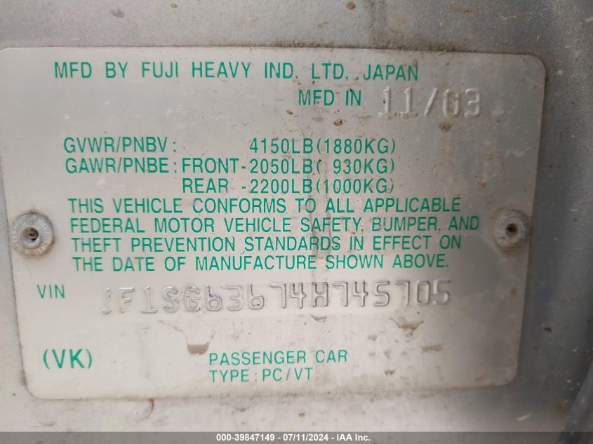 2004 Subaru Forester 2.5X VIN: JF1SG63674H745705 Lot: 39847149