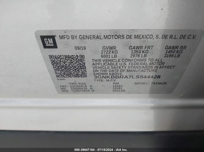 2020 Chevrolet Blazer Fwd 1Lt VIN: 3GNKBBRA7LS544428 Lot: 39847164