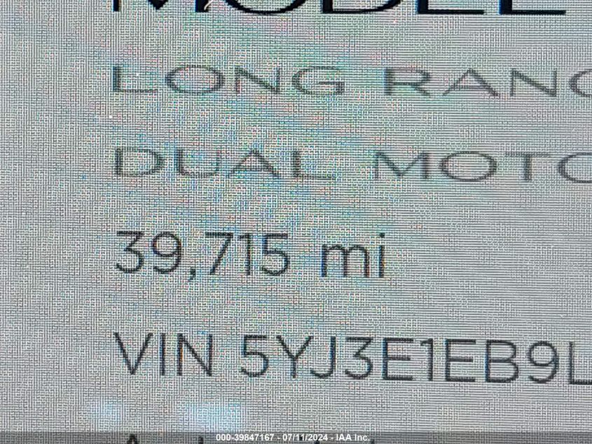 2020 Tesla Model 3 Long Range Dual Motor All-Wheel Drive VIN: 5YJ3E1EB9LF520962 Lot: 39847167