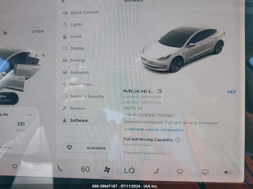 2020 Tesla Model 3 Long Range Dual Motor All-Wheel Drive VIN: 5YJ3E1EB9LF520962 Lot: 39847167