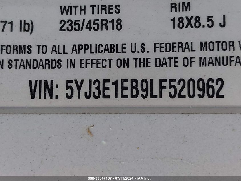 2020 Tesla Model 3 Long Range Dual Motor All-Wheel Drive VIN: 5YJ3E1EB9LF520962 Lot: 39847167