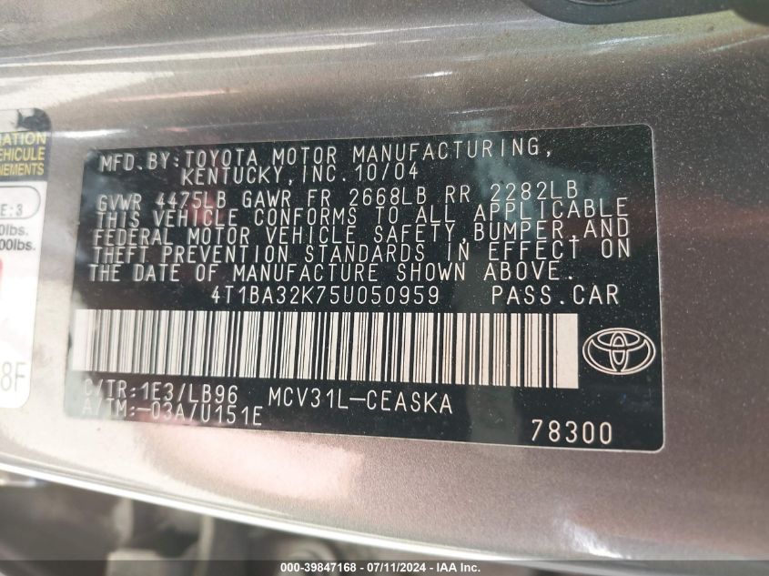 2005 Toyota Camry Se V6 VIN: 4T1BA32K75U050959 Lot: 39847168