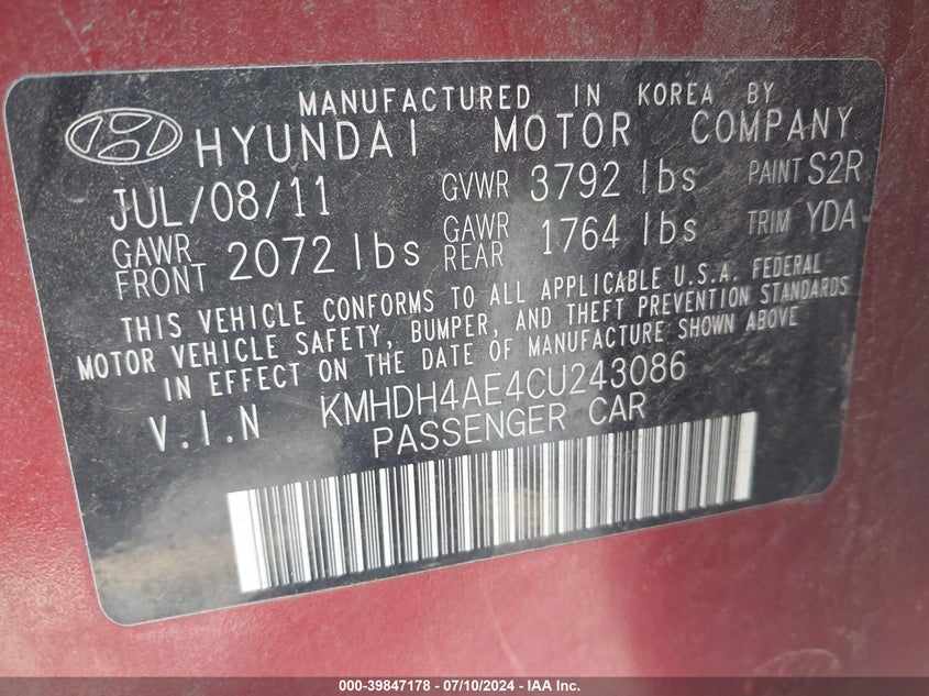 2012 Hyundai Elantra Gls (Ulsan Plant) VIN: KMHDH4AE4CU243086 Lot: 39847178