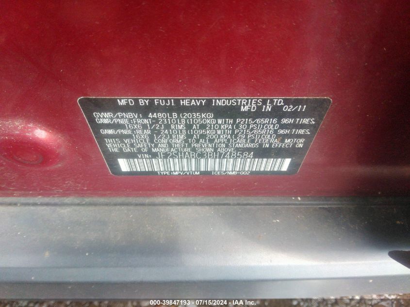 2011 Subaru Forester 2.5X VIN: JF2SHABC3BH748584 Lot: 39847193