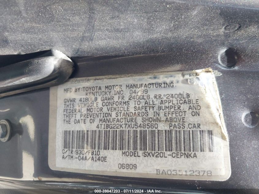 1999 Toyota Camry Le VIN: 4T1BG22K7XU548560 Lot: 39847203