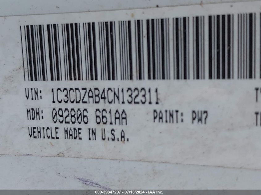 2012 Dodge Avenger Se VIN: 1C3CDZAB4CN132311 Lot: 39891094