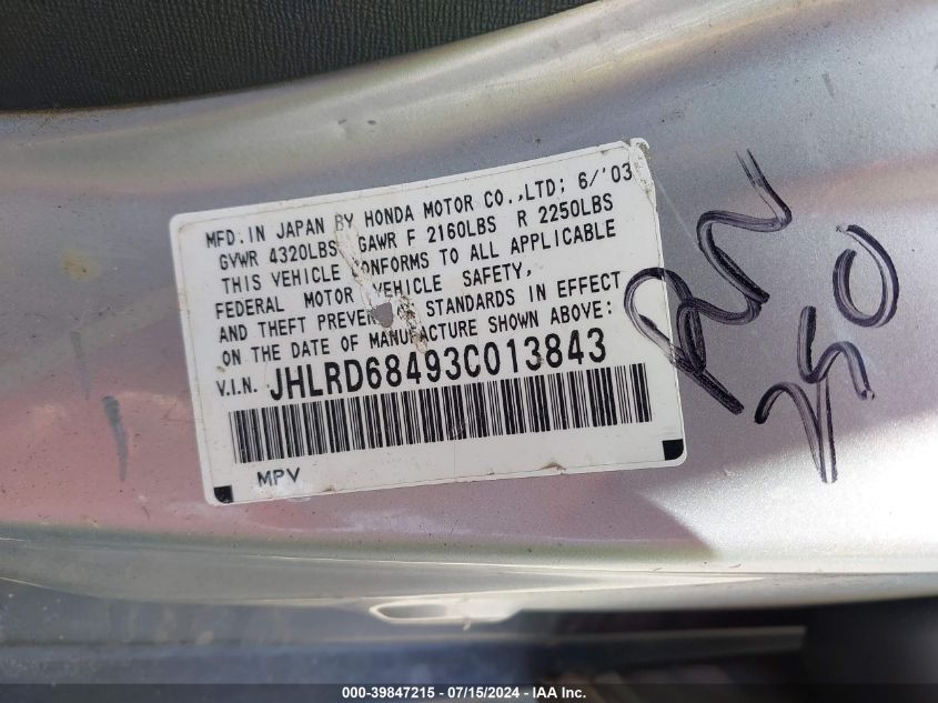2003 Honda Cr-V Lx VIN: JHLRD68493C013843 Lot: 39847215