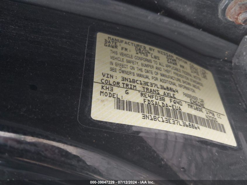 2007 Nissan Versa S/Sl VIN: 3N1BC13E37L368864 Lot: 39847229