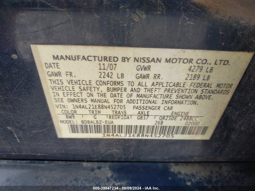 2008 Nissan Altima 2.5 S VIN: 1N4AL21E88N452705 Lot: 39847234