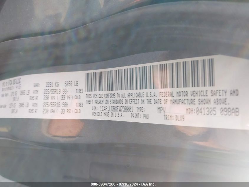 2015 Jeep Cherokee Limited VIN: 1C4PJLDBXFW738001 Lot: 39847280