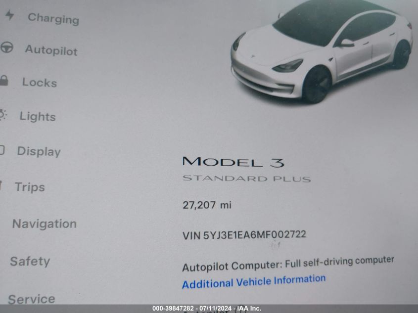 2021 Tesla Model 3 Standard Range Plus Rear-Wheel Drive VIN: 5YJ3E1EA6MF002722 Lot: 39847282