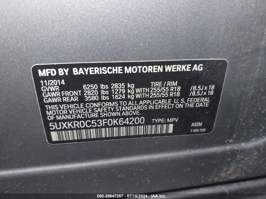 2015 BMW X5 xDrive35I VIN: 5UXKR0C53F0K64200 Lot: 39847287