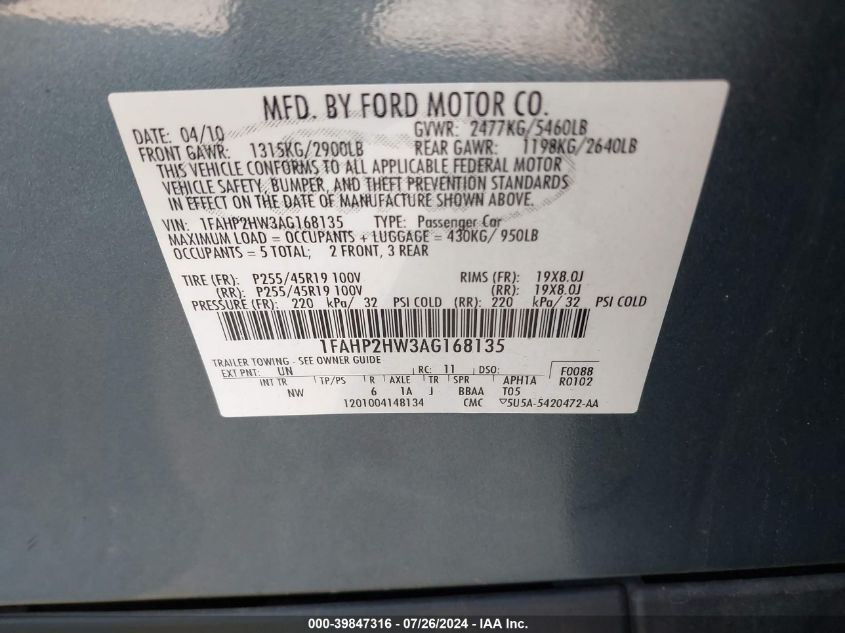 2010 Ford Taurus Sel VIN: 1FAHP2HW3AG168135 Lot: 39847316