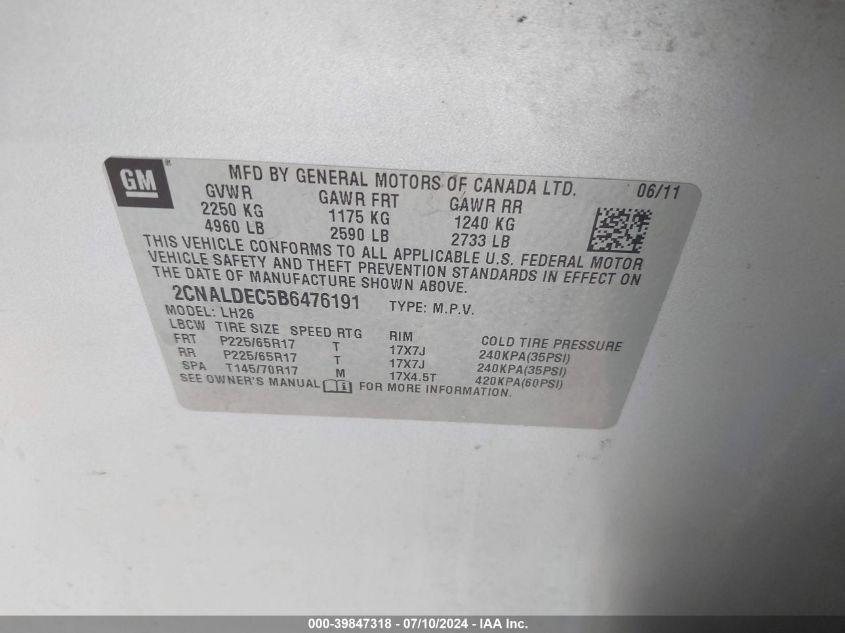 2011 Chevrolet Equinox 1Lt VIN: 2CNALDEC5B6476191 Lot: 39847318
