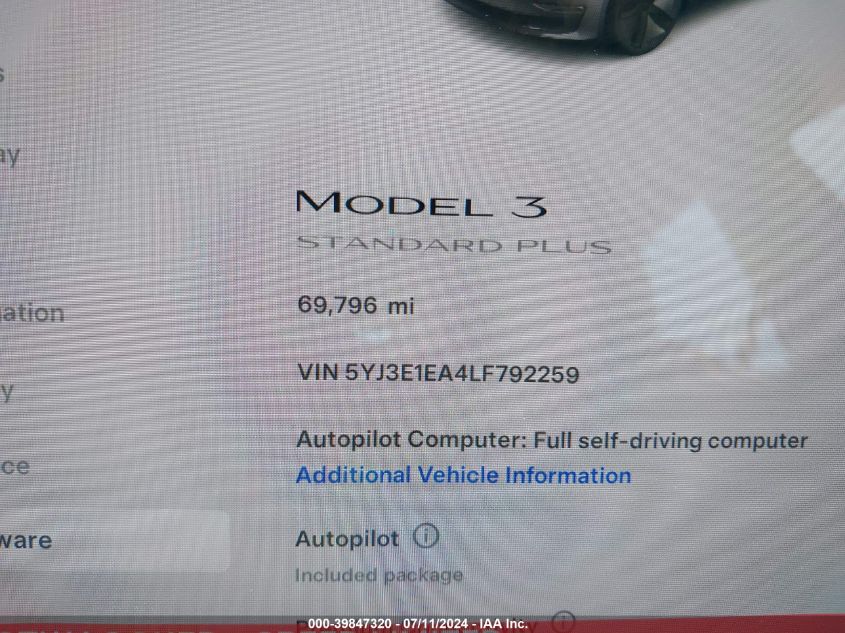 2020 Tesla Model 3 Standard Range Plus Rear-Wheel Drive/Standard Range Rear-Wheel Drive VIN: 5YJ3E1EA4LF792259 Lot: 39847320