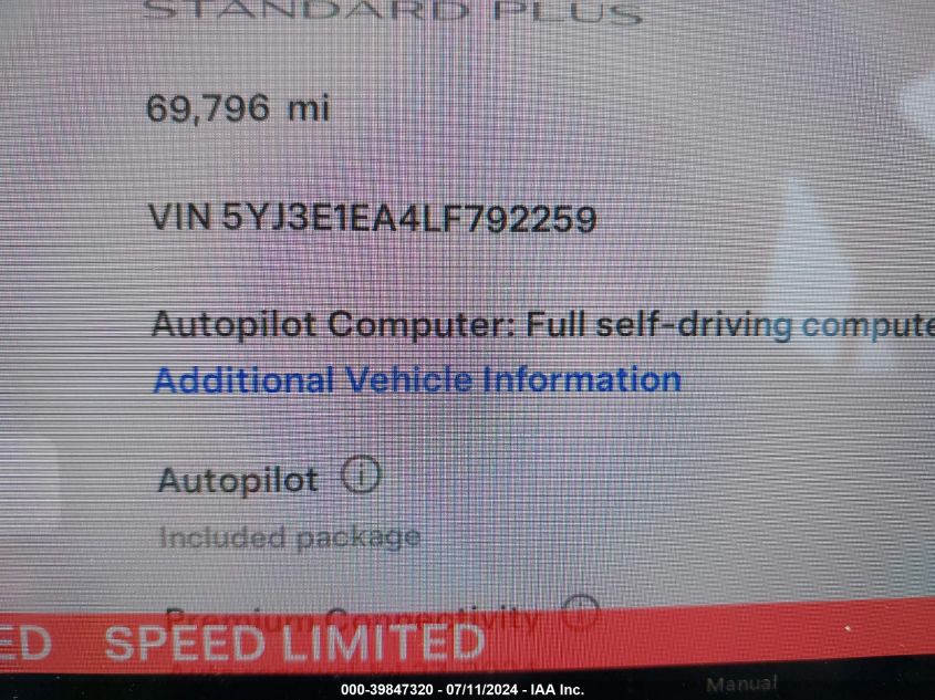 2020 Tesla Model 3 Standard Range Plus Rear-Wheel Drive/Standard Range Rear-Wheel Drive VIN: 5YJ3E1EA4LF792259 Lot: 39847320