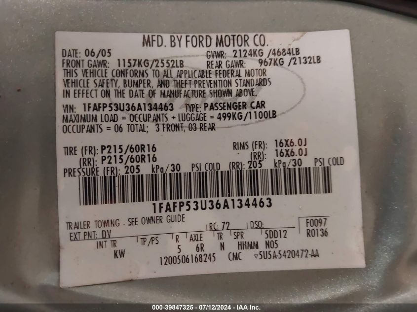 2006 Ford Taurus Se VIN: 1FAFP53U36A134463 Lot: 39847325