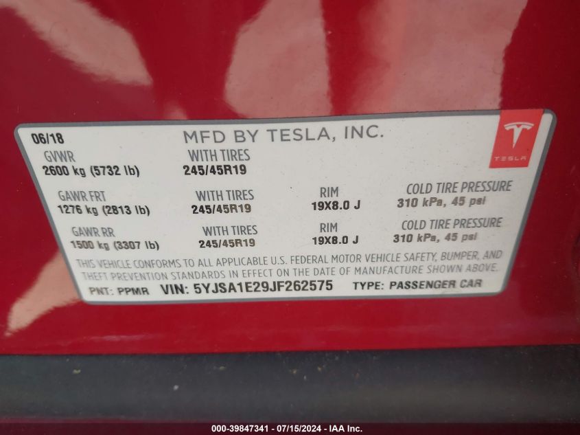 2018 Tesla Model S 100D/75D/P100D VIN: 5YJSA1E29JF262575 Lot: 39847341