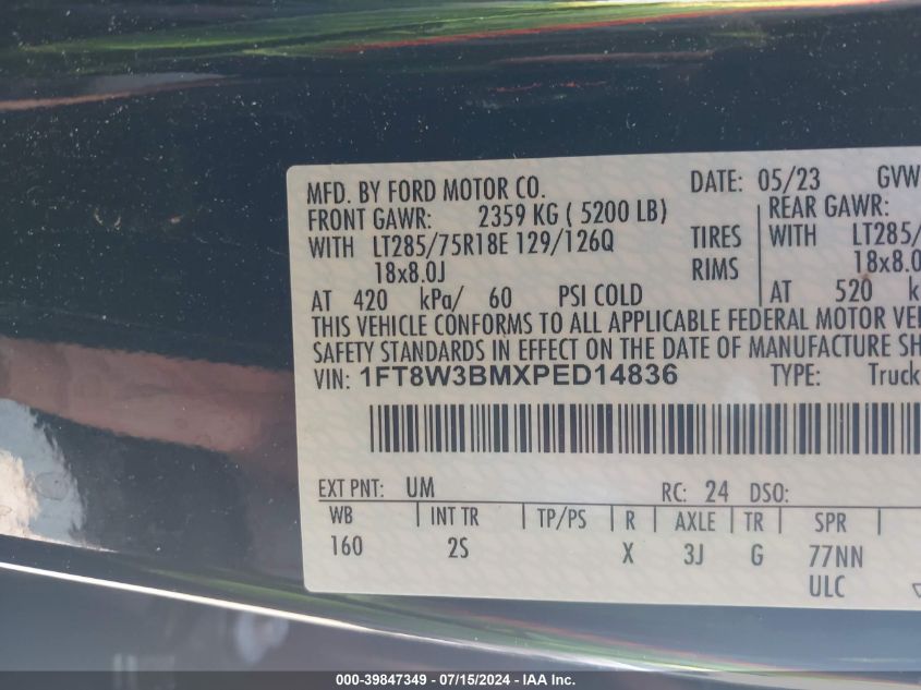 2023 Ford F-350 Xlt VIN: 1FT8W3BMXPED14836 Lot: 39847349