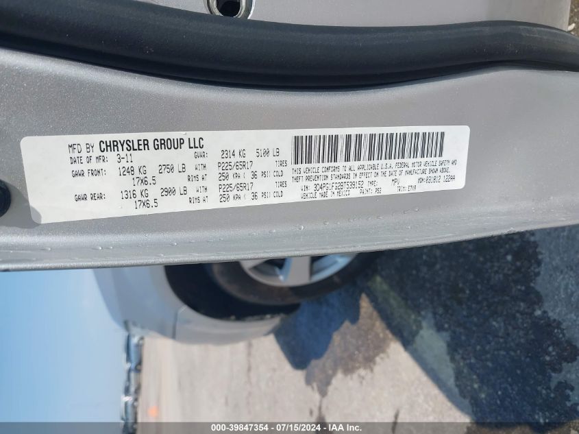 2011 Dodge Journey Mainstreet VIN: 3D4PG1FG2BT539152 Lot: 39847354