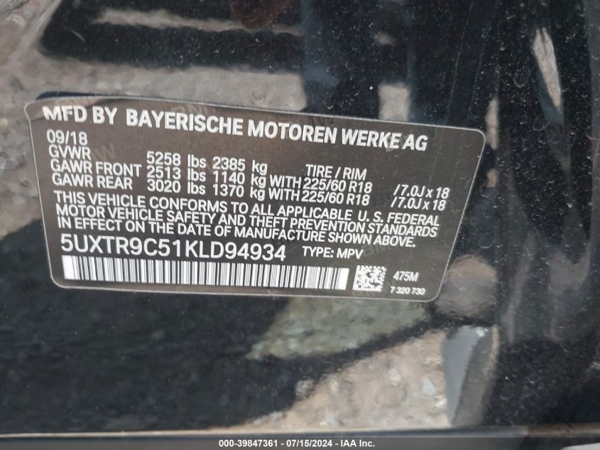 5UXTR9C51KLD94934 2019 BMW X3 xDrive30I