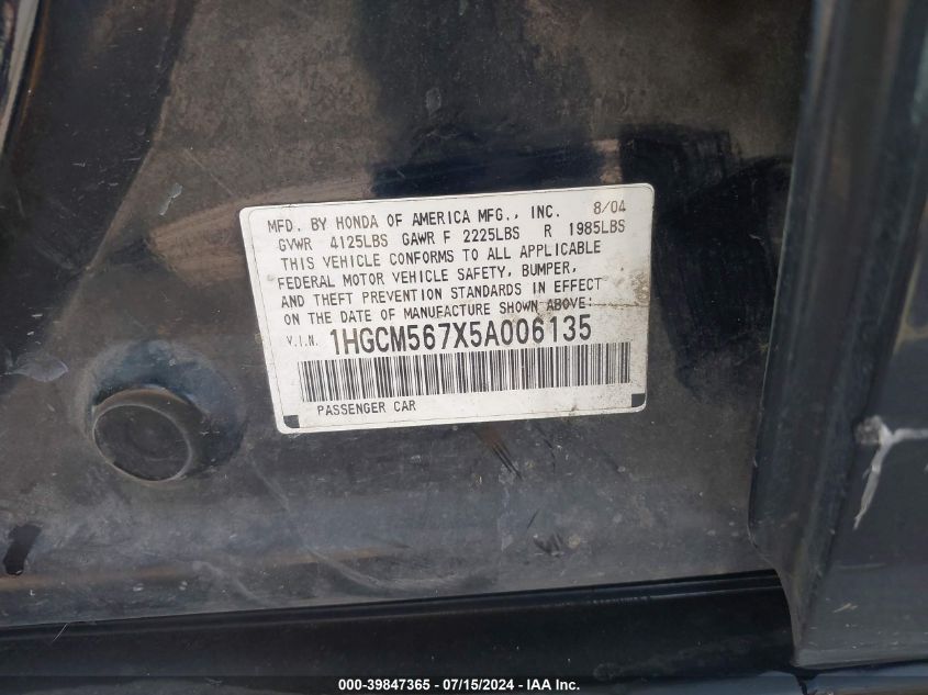 2005 Honda Accord 2.4 Ex VIN: 1HGCM567X5A006135 Lot: 39847365