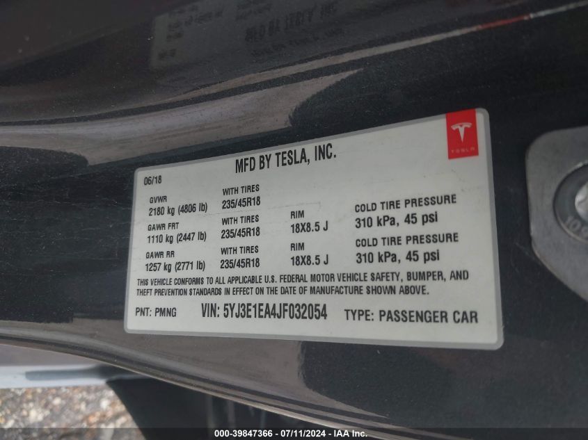 5YJ3E1EA4JF032054 2018 Tesla Model 3 Long Range/Mid Range