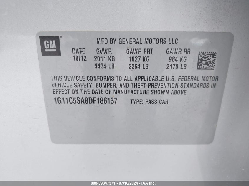 2013 Chevrolet Malibu 1Lt VIN: 1G11C5SA8DF186137 Lot: 39847371