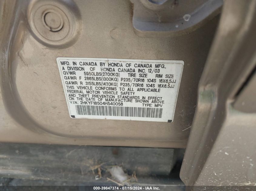 2004 Honda Pilot Ex-L VIN: 2HKYF18504H540058 Lot: 39847374