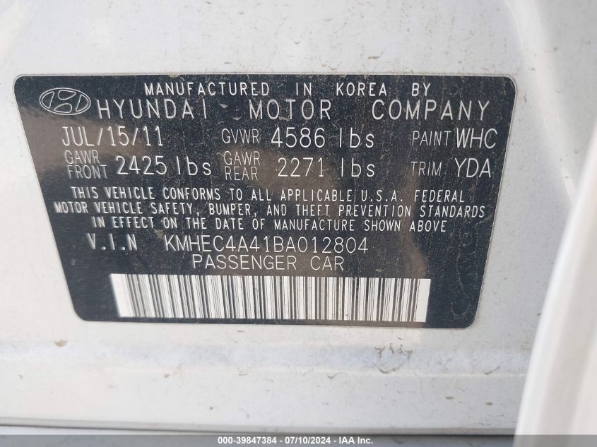 2011 Hyundai Sonata Hybrid VIN: KMHEC4A41BA012804 Lot: 39847384