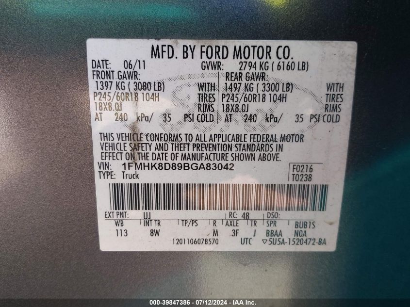 2011 Ford Explorer Xlt VIN: 1FMHK8D89BGA83042 Lot: 39847386