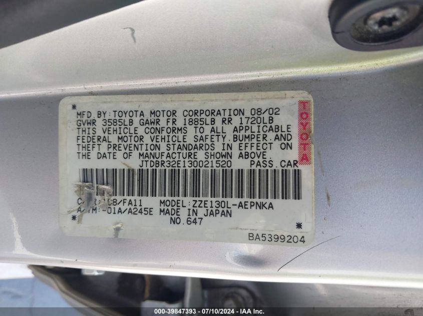 2003 Toyota Corolla Le VIN: JTDBR32E130021520 Lot: 39847393