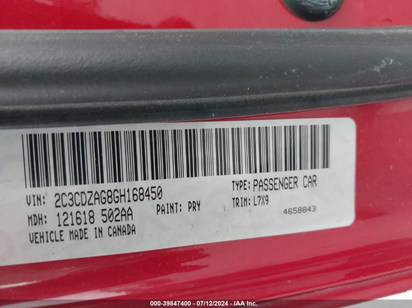 2016 Dodge Challenger Sxt VIN: 2C3CDZAG8GH168450 Lot: 39847400