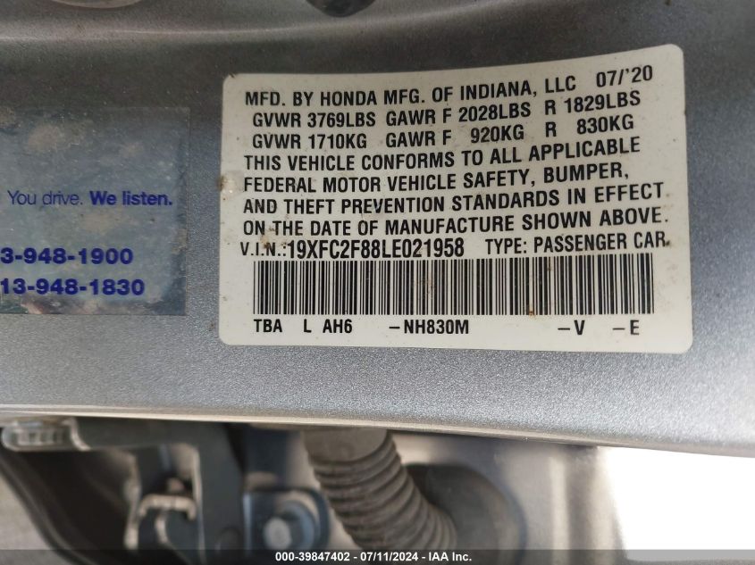 2020 Honda Civic Sport VIN: 19XFC2F88LE021958 Lot: 39847402