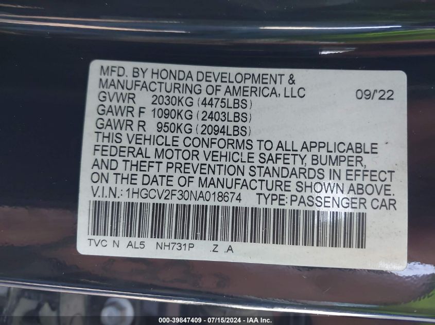 2022 Honda Accord Sport 2.0T VIN: 1HGCV2F30NA018674 Lot: 39847409
